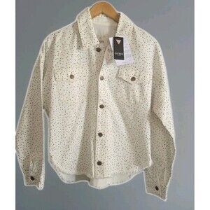 NWT Guess Denim Shacket Studded Western Cream Frayed Hem Women's Small Oversized